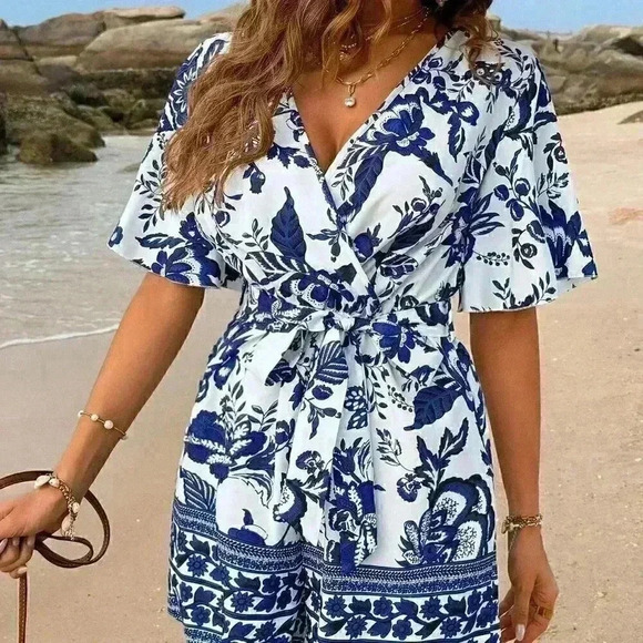 Multicolor Boho Womens Women's Plant Printed Jumpsuit - Picture 2 of 6